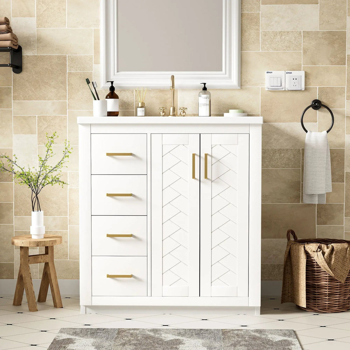 30 Inch Bathroom Vanity | 3 Drawers Soft Close | Solid Wood Ceramic Combo
