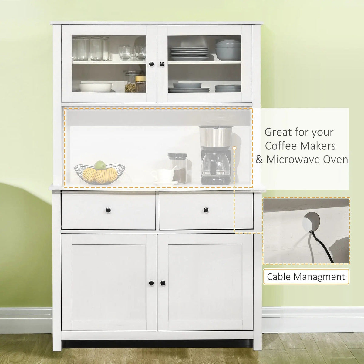 Homcom 63.5" Kitchen Buffet With Hutch, Pantry Storage Cabinet With 4 Shelves | 41 x 17.3 x 63.5 in | Glass & Wood | Antique White