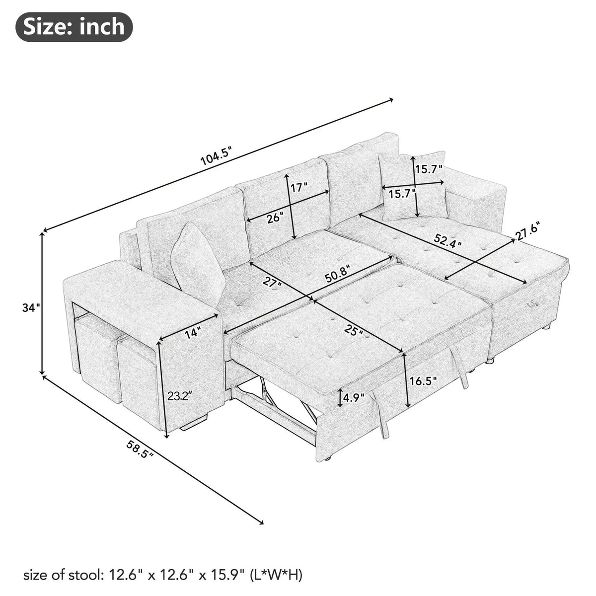 Modern L-Shape 3 Seat Reversible Sectional Couch, Pull Out Sleeper Sofa With Storage | 4 Pieces | Fabric | Living Room
