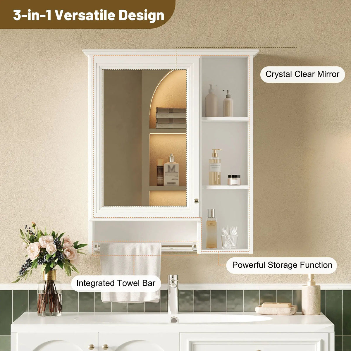 3-In-1 Bathroom Mirror Cabinet | Adjustable Shelf | Towel Bar | Full-Length Mirror