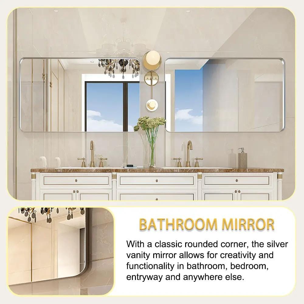 Rounded Corner Rectangle Bathroom Mirror For Wall Metal Frame Wall Mounted Bathroom | 39.76 x 29.92 x 1.97 in | Metal & Aluminum | Bathroom