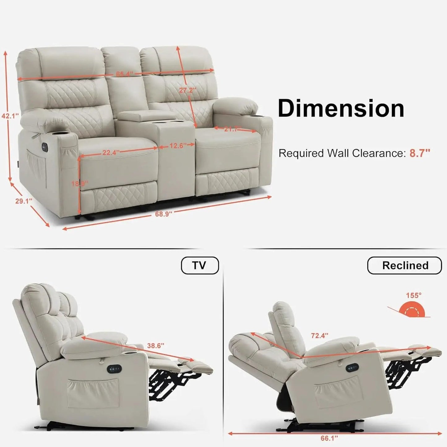 Power Recliner Loveseat With Console And Heat Vibration USB Light Grey from PriceLows™