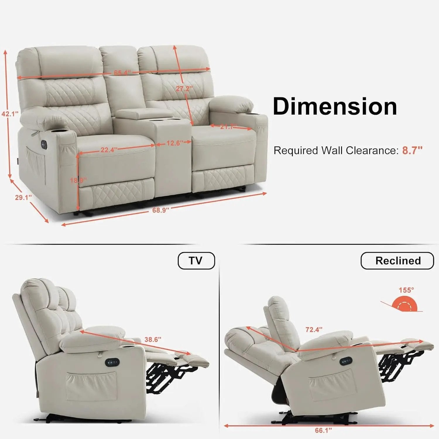 Power Recliner Loveseat With Console And Heat Vibration USB Light Grey from PriceLows™