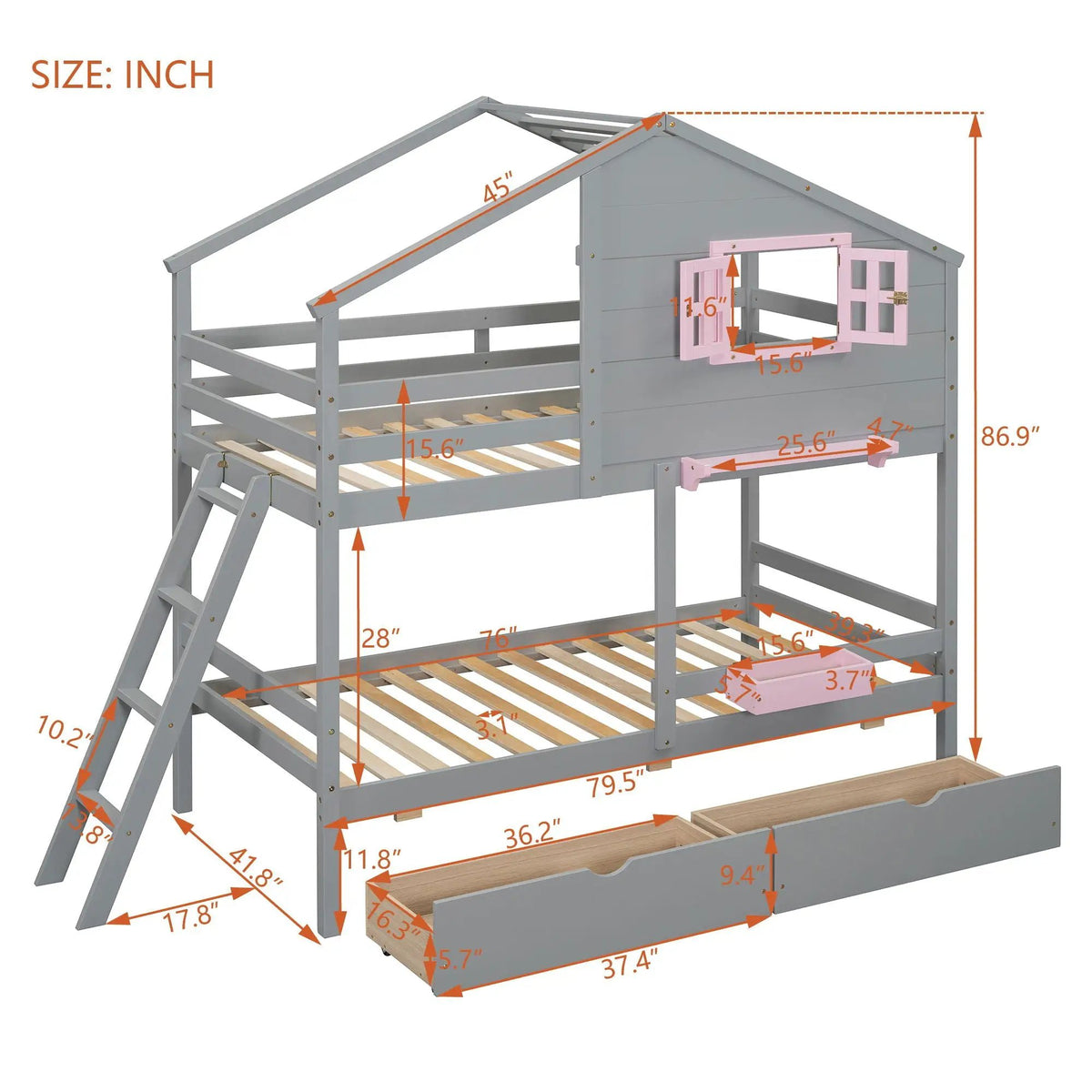 Bunk Bed | Pitched Playhouse Roof | Integrated Storage Drawers