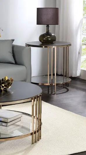 Abisha Round Coffee Table | 35 Inch Diameter | Sintered Stone Top | Champagne Metal Frame