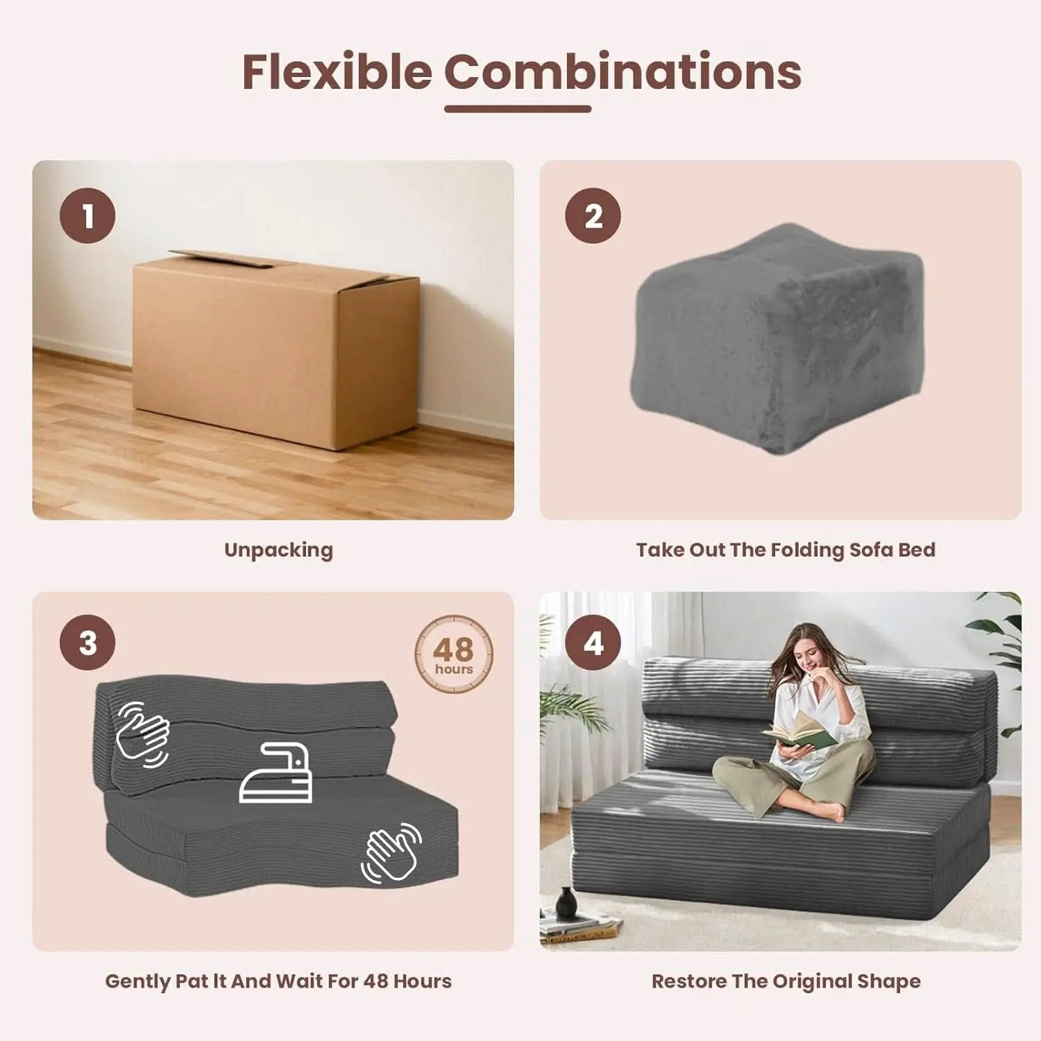 Full Size Transformable Memory Foam Sofa Bed Grey Corduroy from PriceLows™