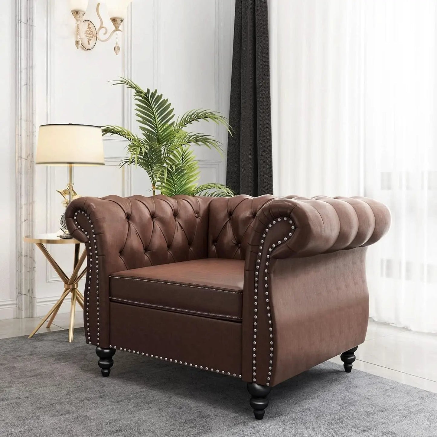 3 Piece Chesterfield Leather Living Room Set Sofa Loveseat Chair Dark Brown with Scroll Arms and Nailhead from PriceLows™