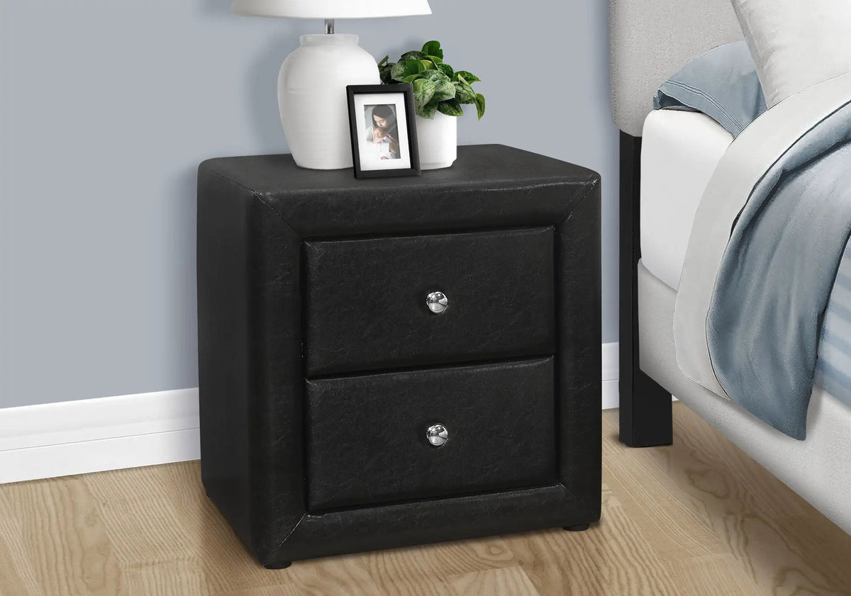 Upholstered Nightstand | Transitional Style | Two Storage Drawers | Metal Drawer Knobs