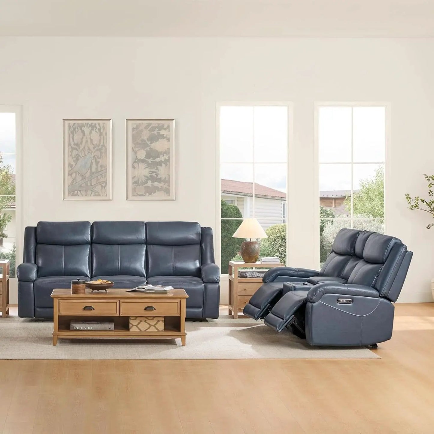 Navy Genuine Leather Power Recliner Sofa With USB Type C from PriceLows™