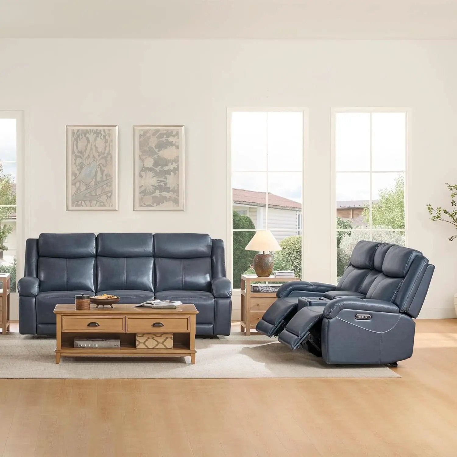 Navy Genuine Leather Power Recliner Sofa With USB Type C from PriceLows™