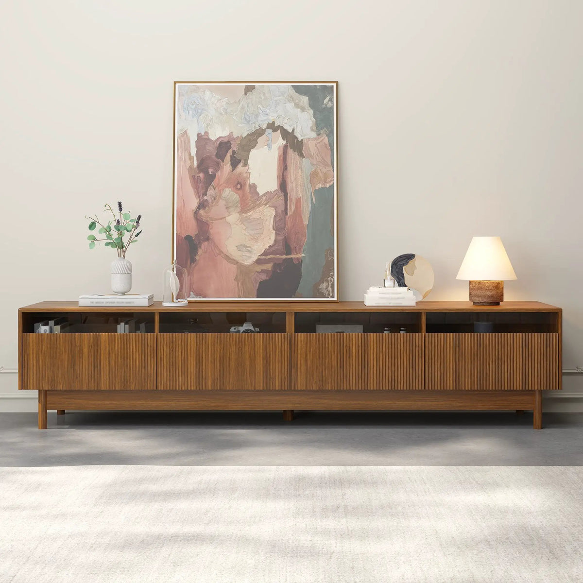 Walnut TV Stand | Fluted Glass Drawers | Entertainment Center | Family-Safe Rounded Corners