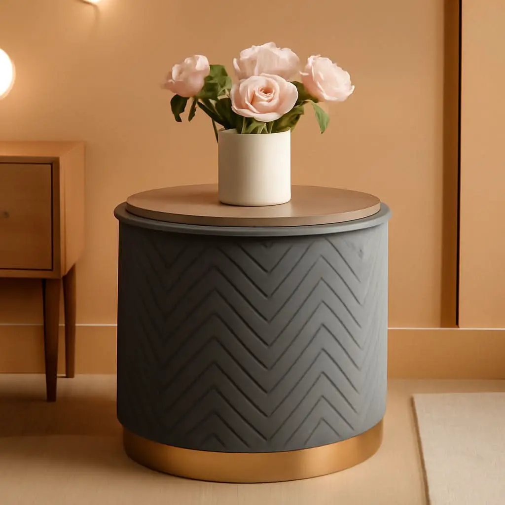 Grey Velvet Circular Storage Ottoman Golden Accents from PriceLows™