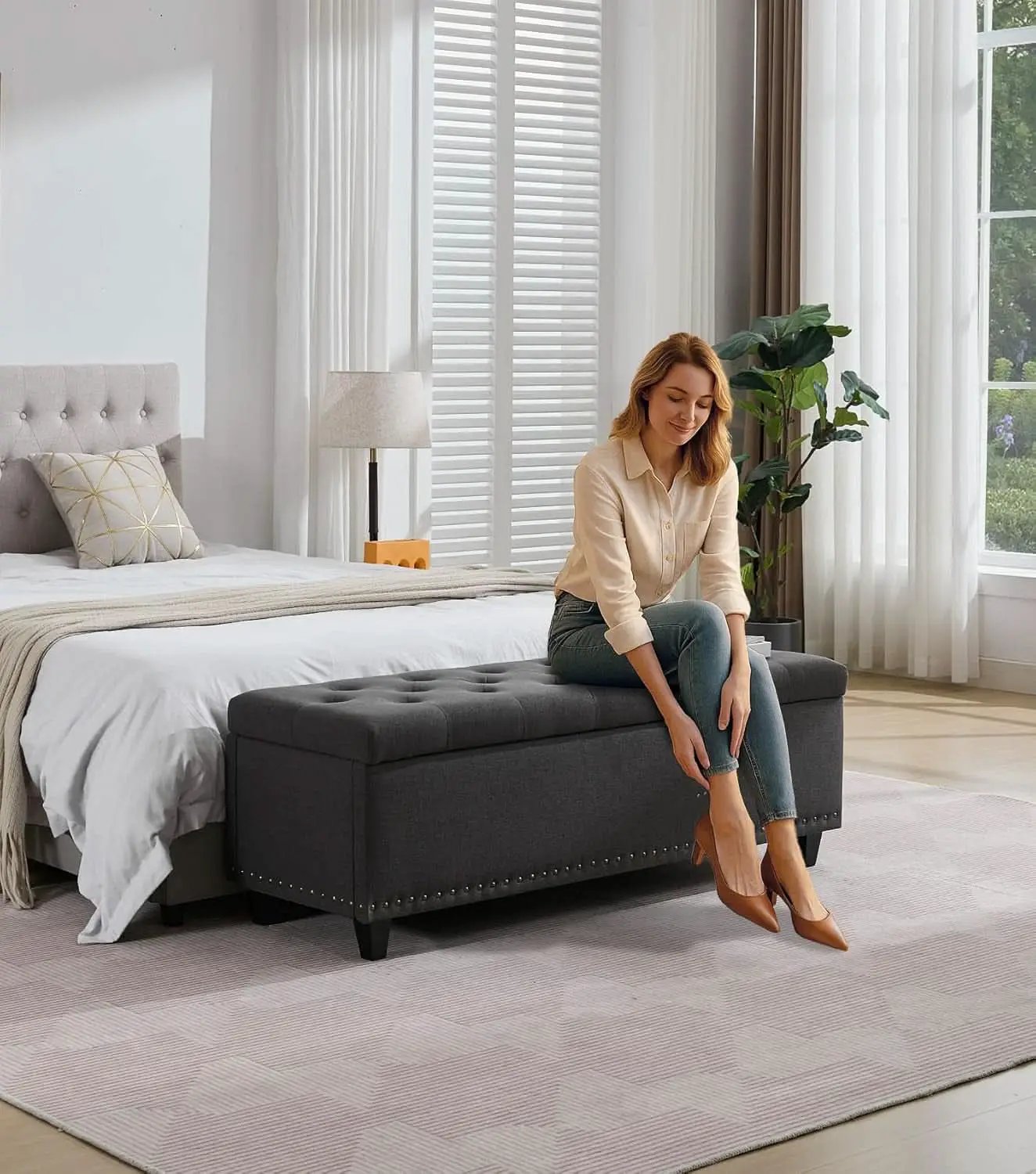 50.8 Inches Gray Upholstered Storage Ottoman Bench from PriceLows™