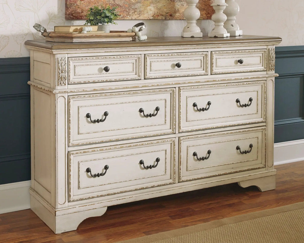 Realyn Dresser | Traditional Cottage Style | Antiqued Two-Tone Finish | Chipped White