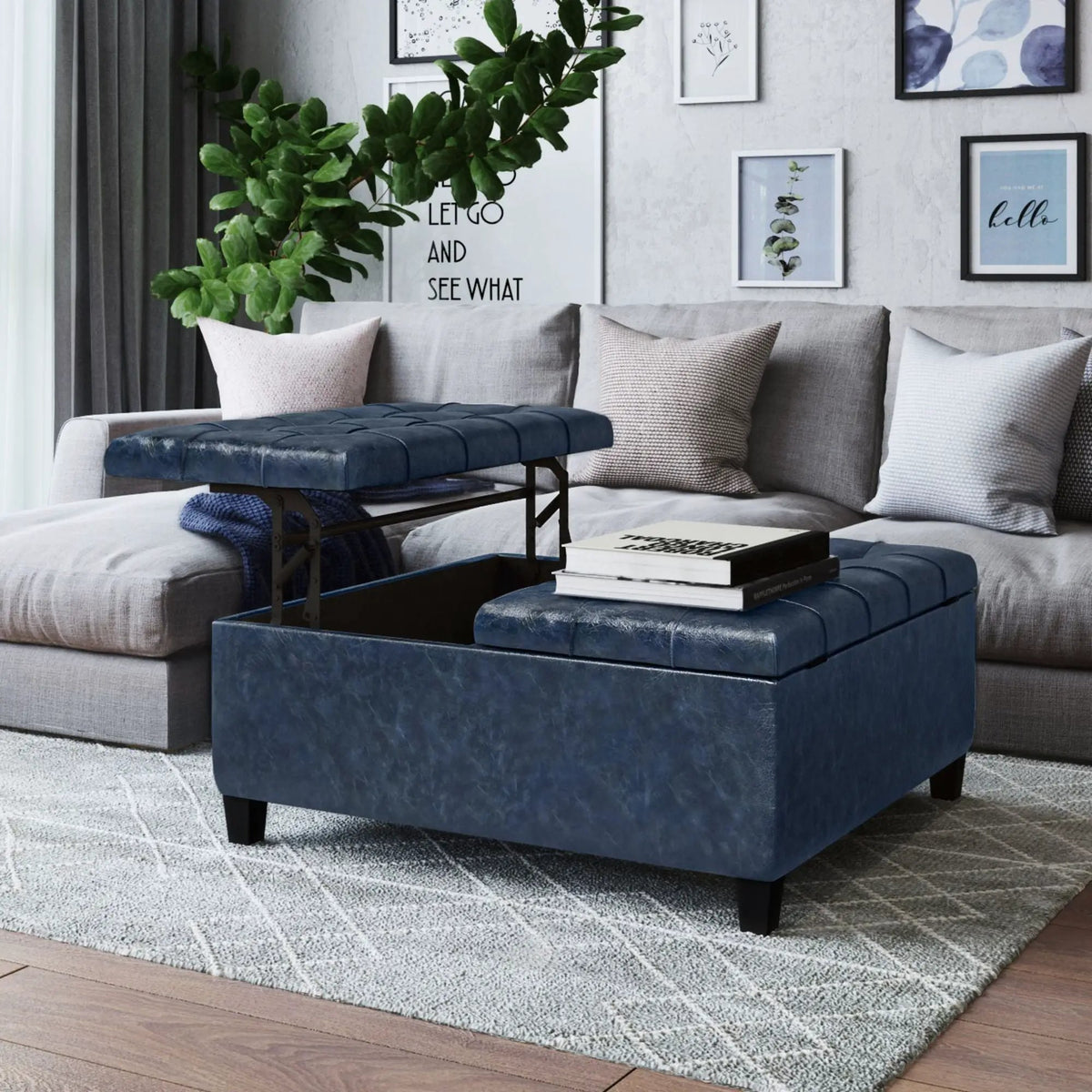 Coffee Table Storage Ottoman | Lift Top Hinge | Solid Wood Base | Large Square