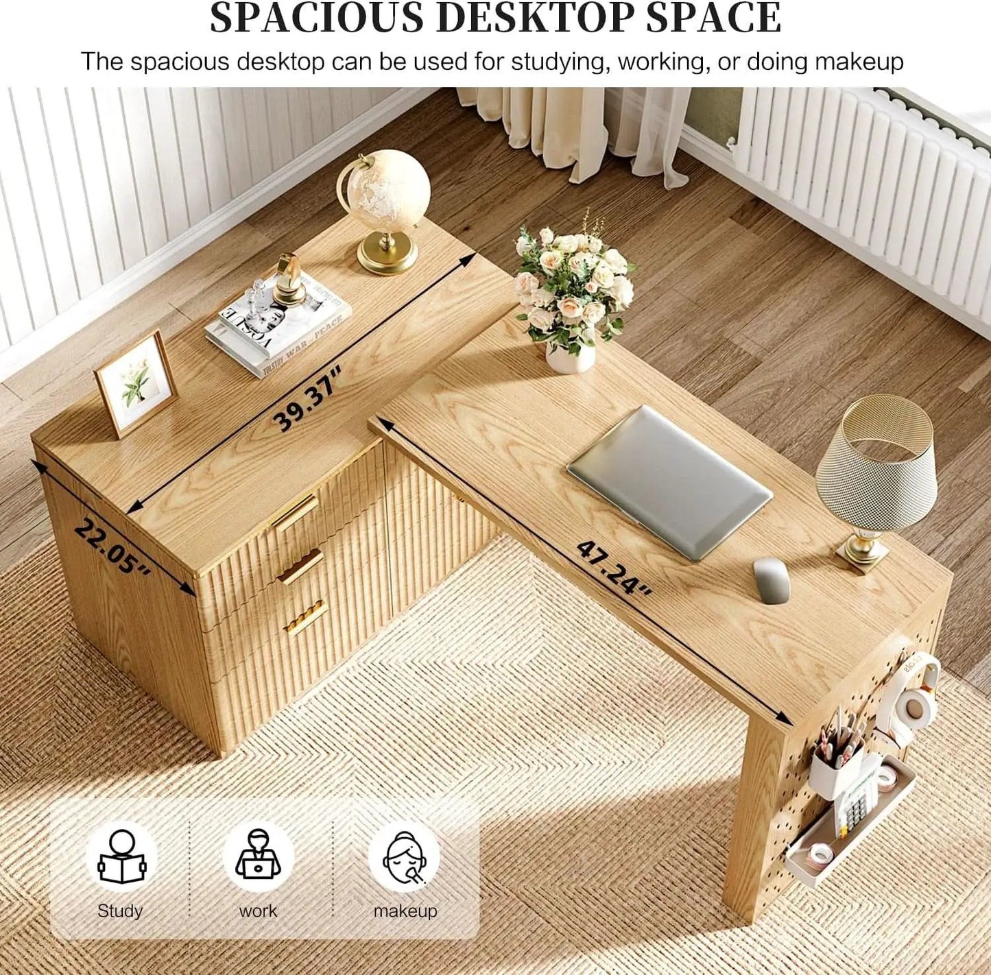 Oak Forty Seven Inch L Shaped Corner Desk With Drawers from PriceLows™