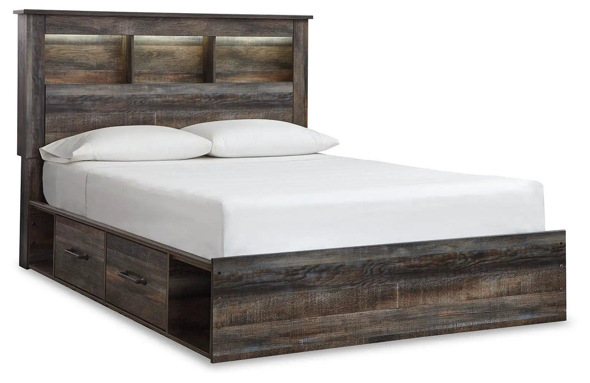 Drystan Panel Bookcase Bed | Storage Headboard | Rustic Industrial Style | 85 Inch Length