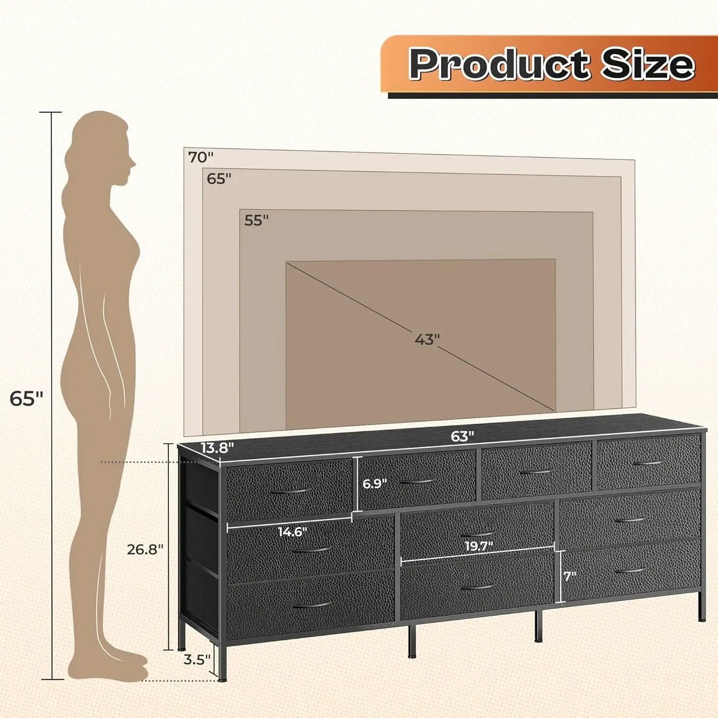 63 Inch TV Stand Dresser With 10 Fabric Drawers Black from PriceLows™