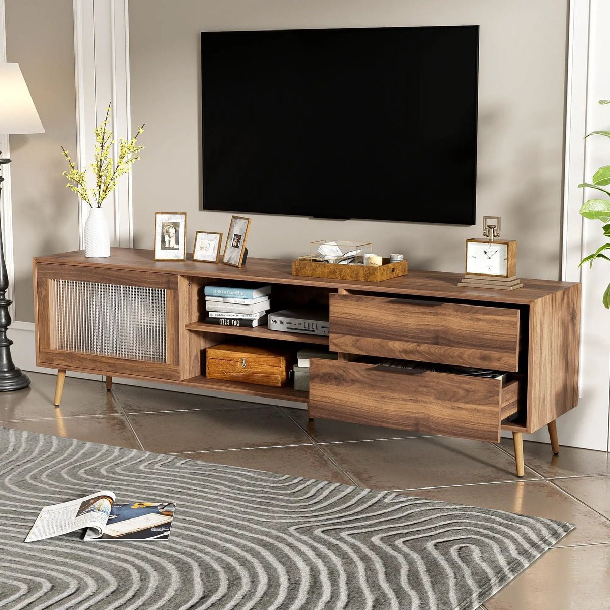 Walnut TV Stand | Media Console | 2 Doors 2 Drawers | Solid Wood Legs