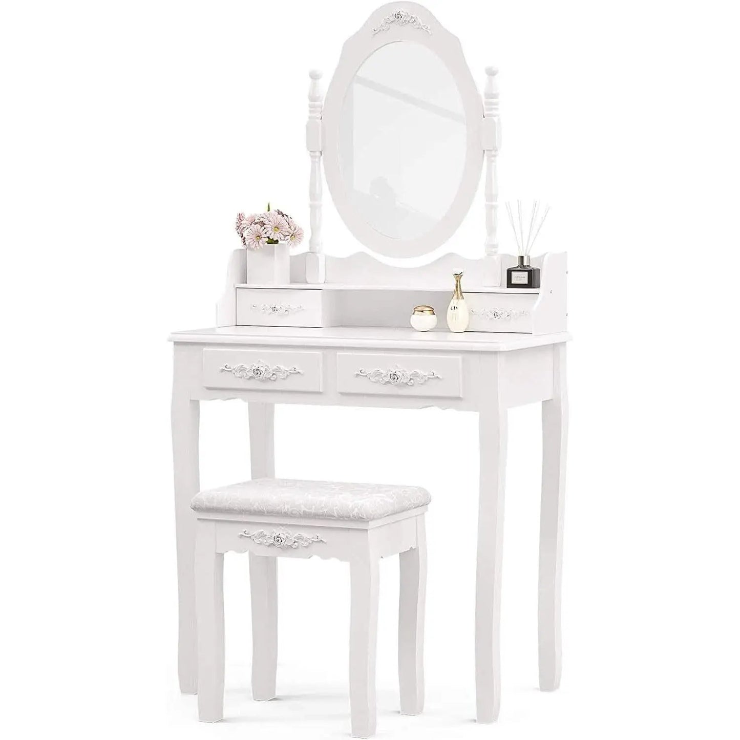 White Vanity Table Set With 360 Degree Rotating Mirror from PriceLows™