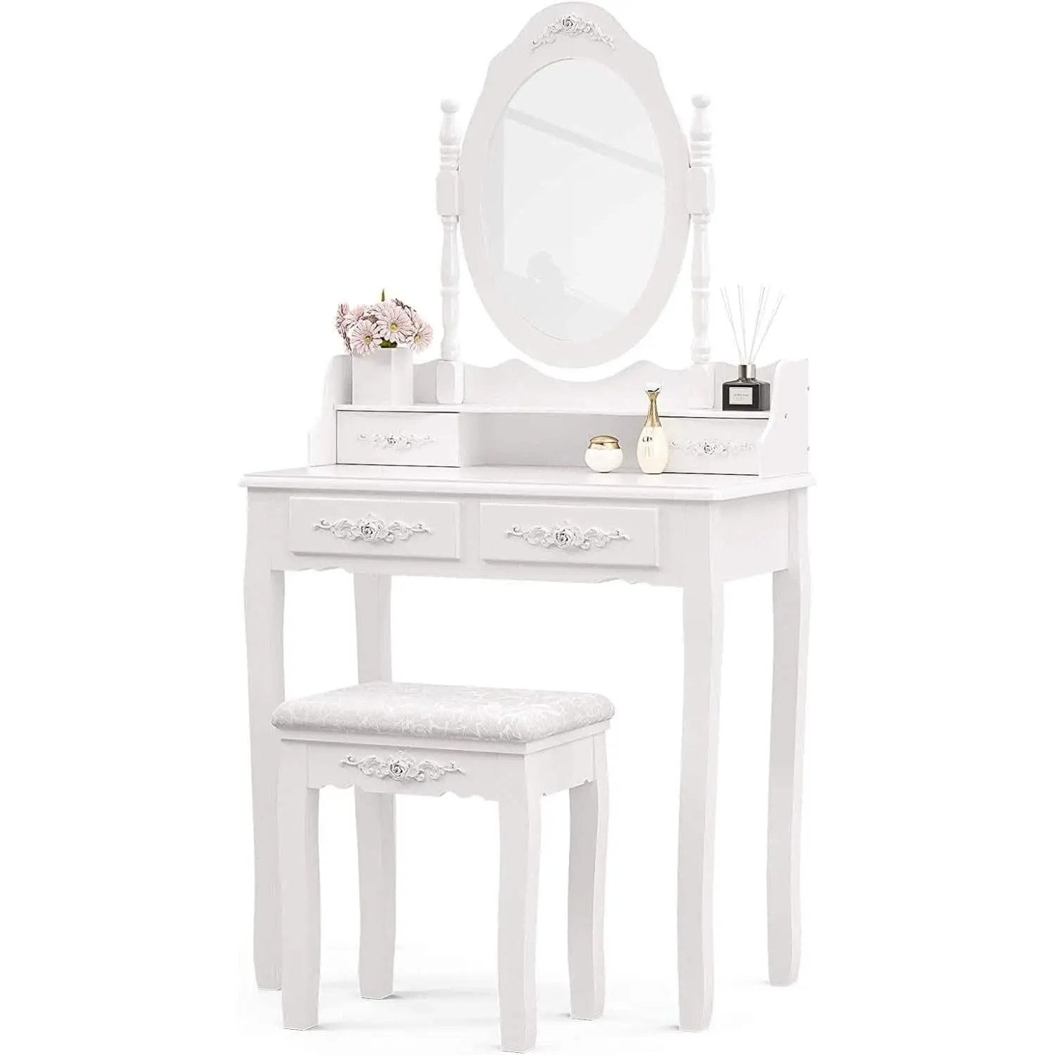 White Vanity Table Set With 360 Degree Rotating Mirror from PriceLows™