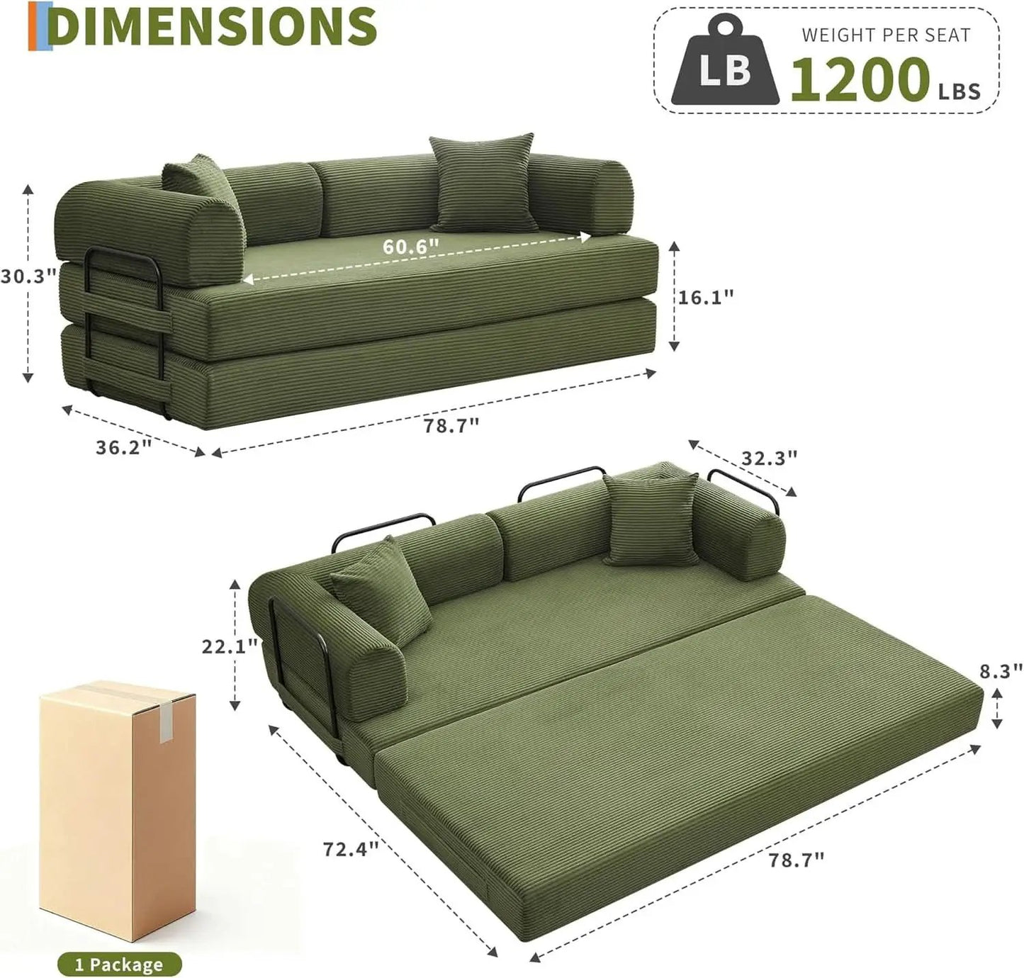 Corduroy Green 79 Inches Inter changeable Plus Sofa Bed from PriceLows™
