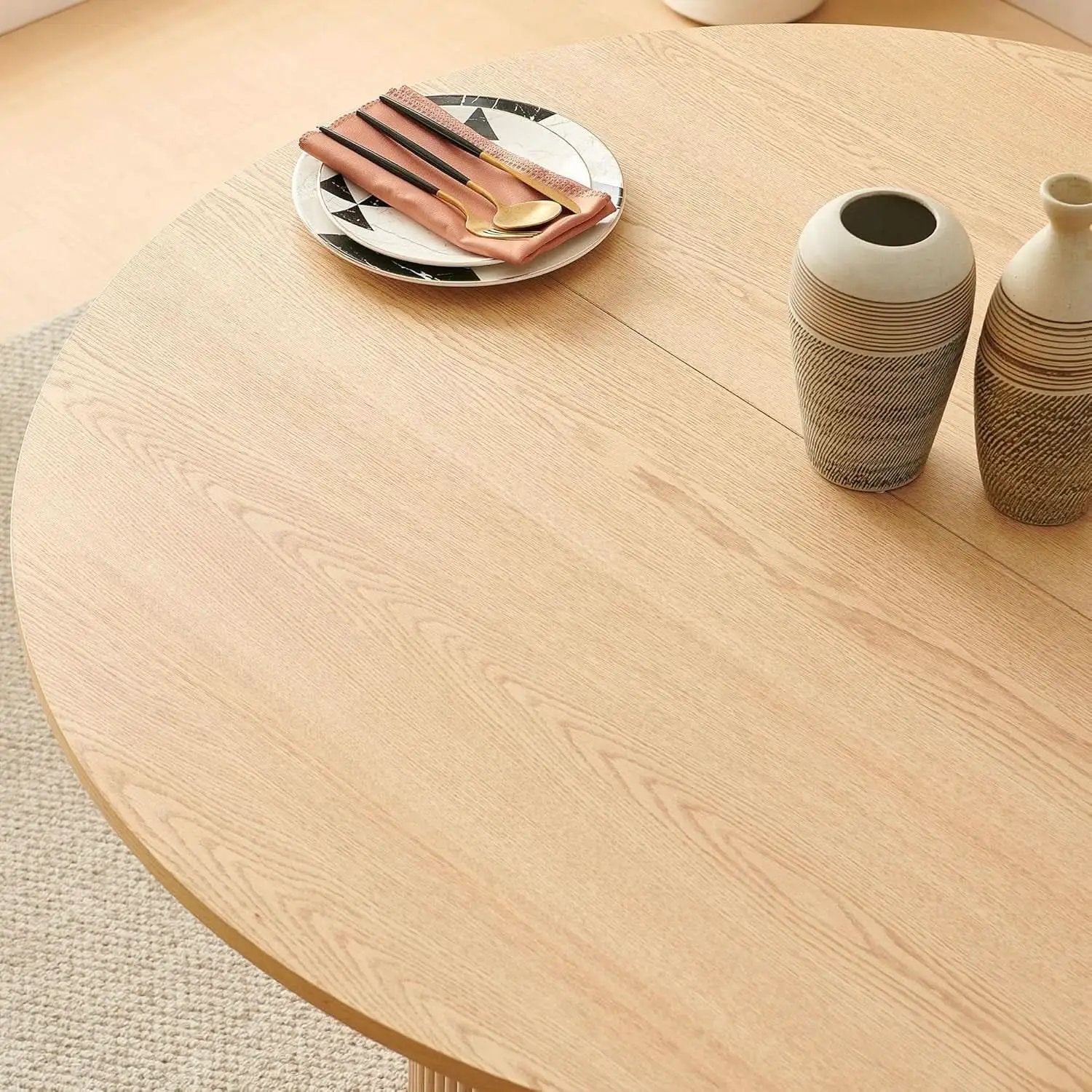 47 Inch Round Dining Table Set Beige Oak Boucle Padded Seating from PriceLows™