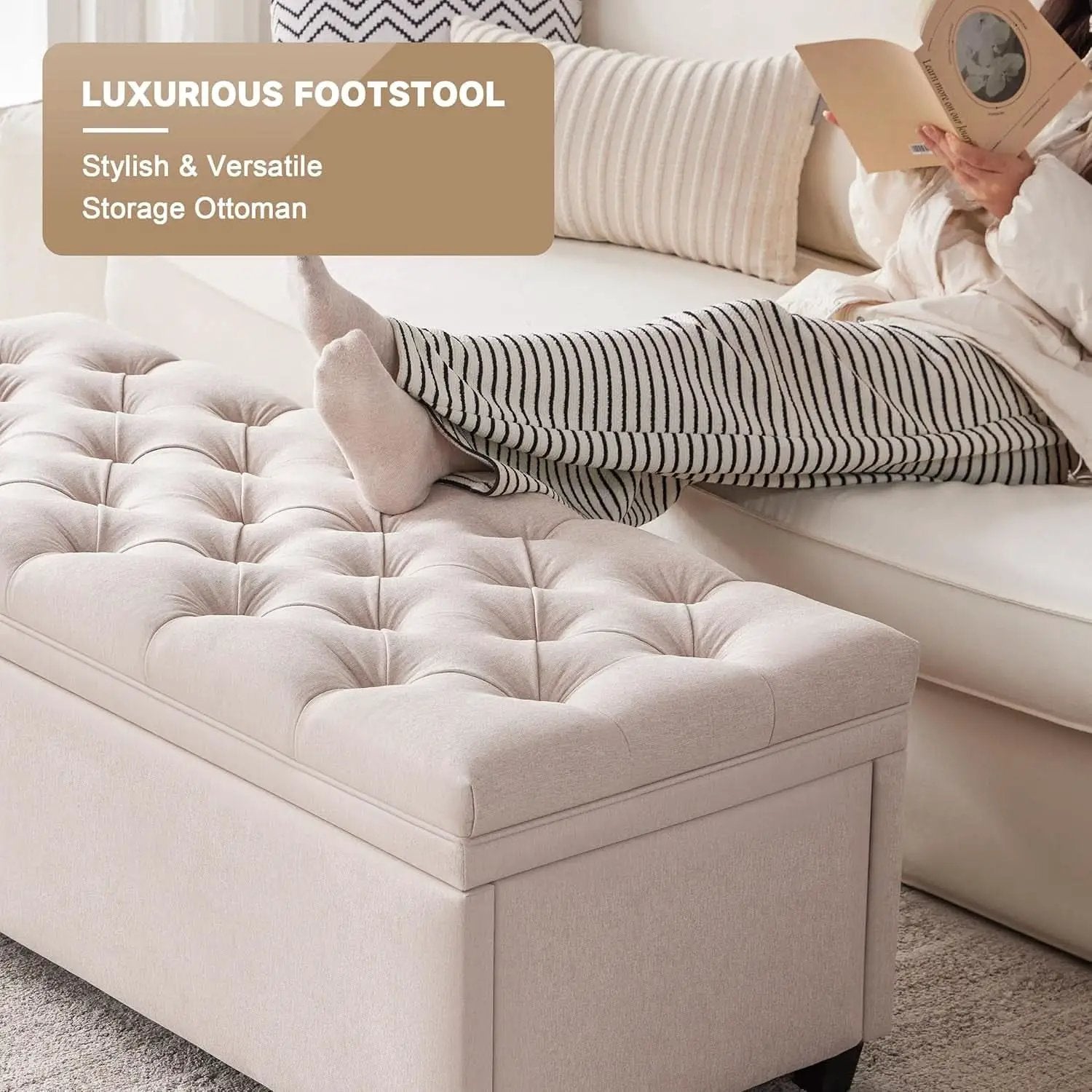 50 Inch Beige Tufted Storage Ottoman Bench Upholstered from PriceLows™