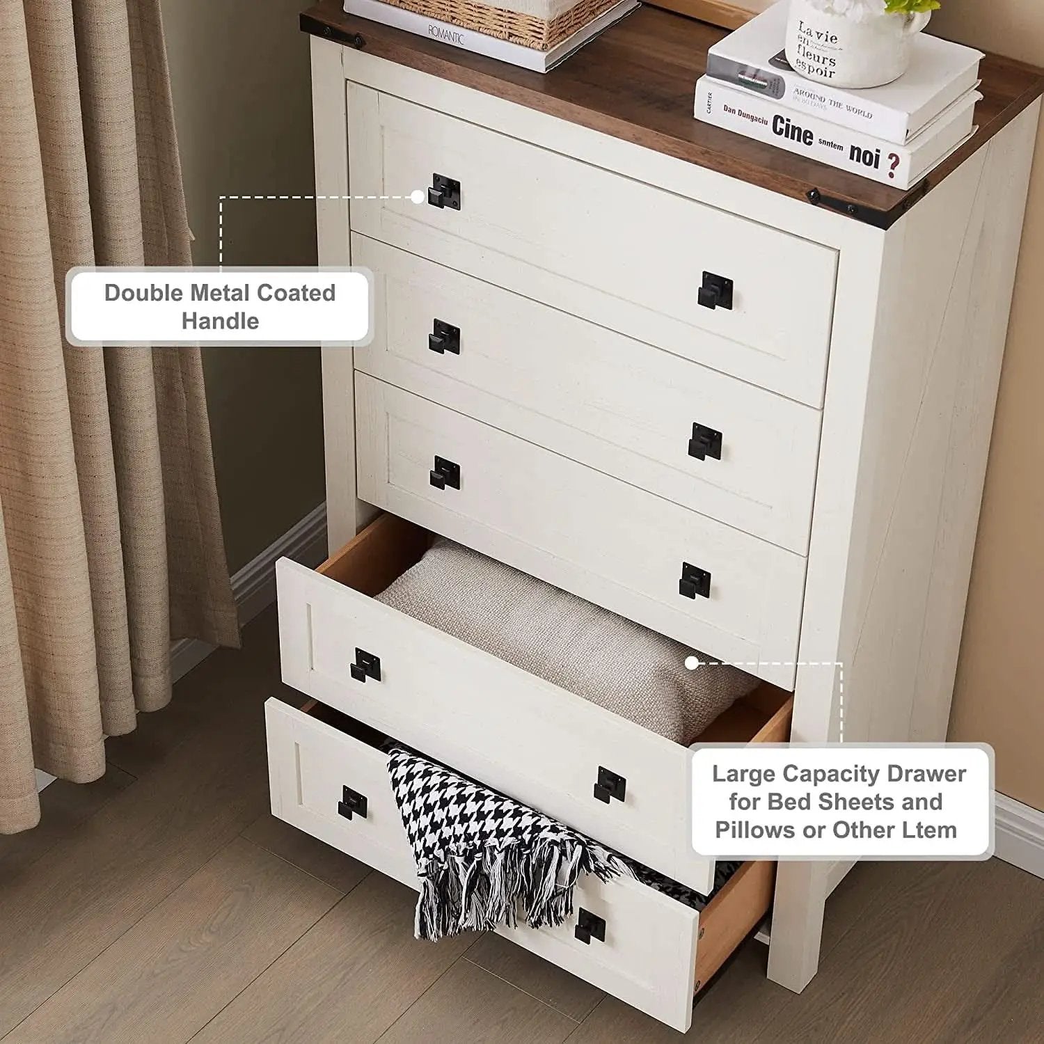 Antique White Rustic 5 Drawer Dresser For Bedroom Storage from PriceLows™