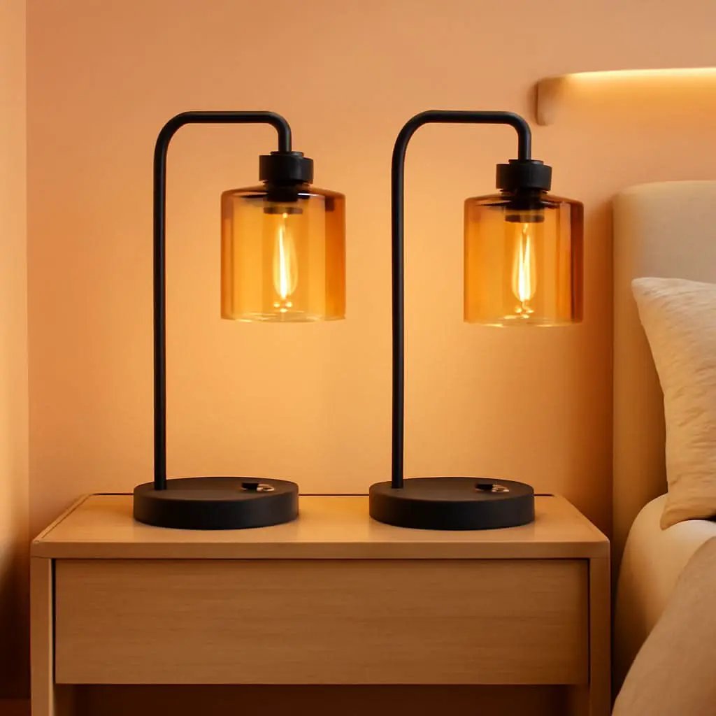 Set of 2 Nightstand Lamps 3 Way Dimmable Touch With USB Ports Amber Glass Shade from PriceLows™