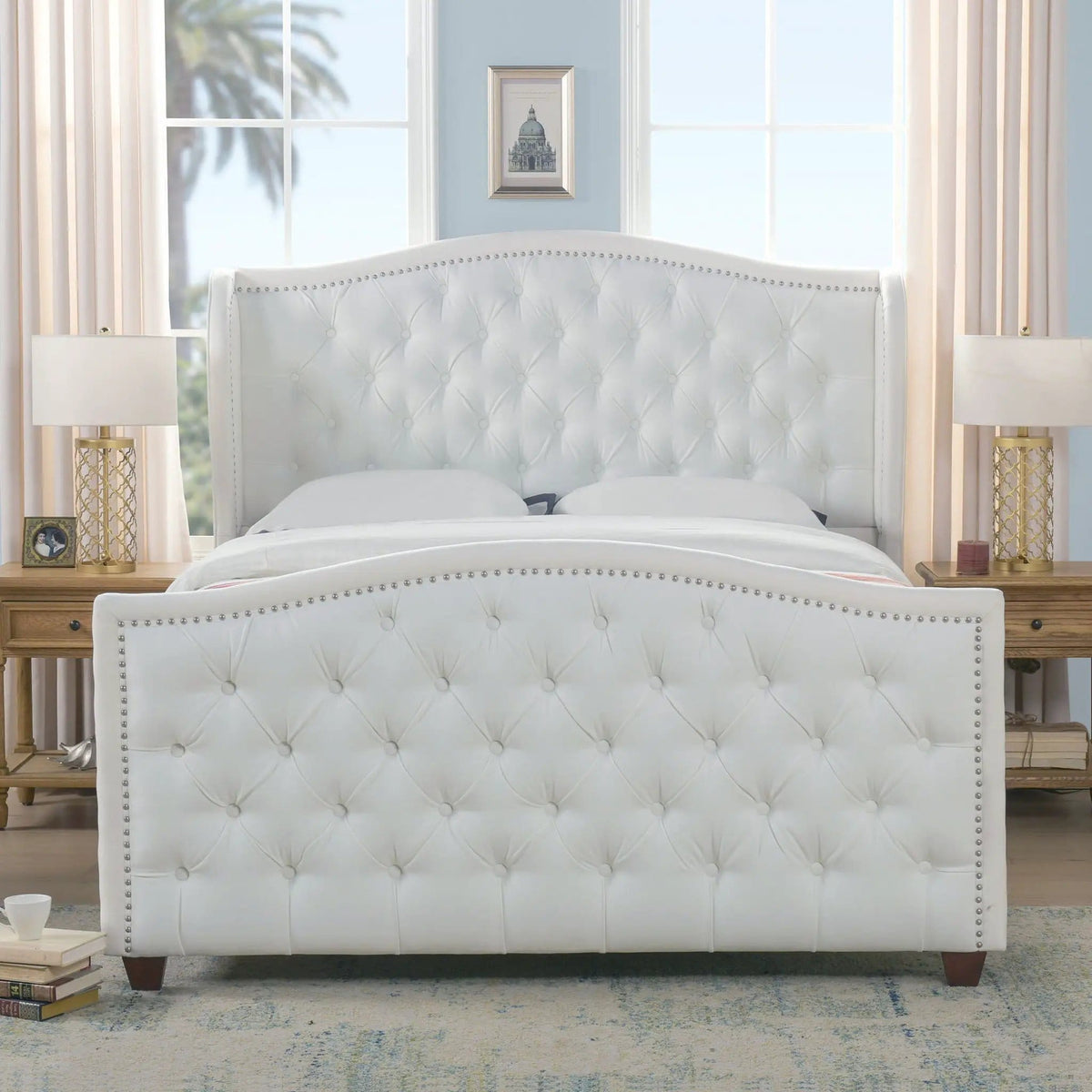 Marcella Upholstered Shelter Headboard Bed | 5 Pieces | Fabric & Iron | Bedroom