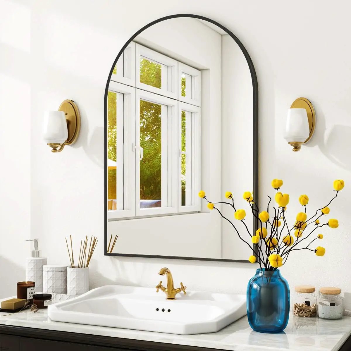 Arched Wall Mirror 24x36 Black Frame Wall Mounted Vanity from PriceLows™