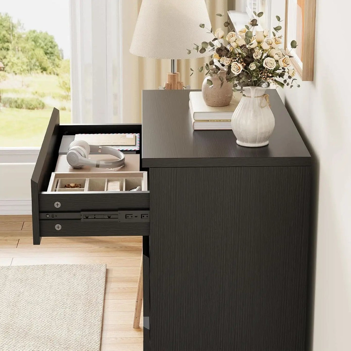 Black Six Drawers Solid Wood Dresser Sturdy Construction from PriceLows™
