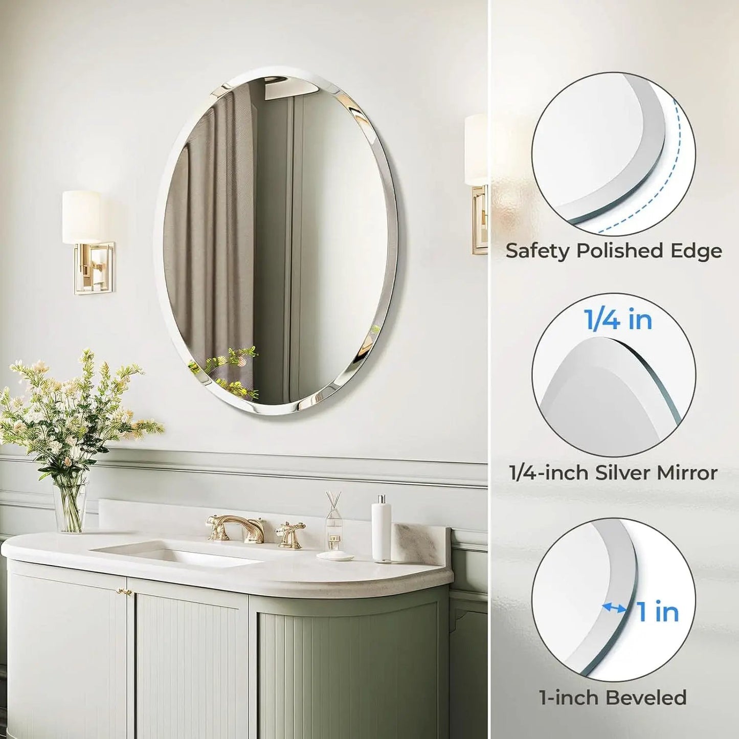 20x28 Inch Oval Frameless Bathroom Mirror Beveled Edge from PriceLows™