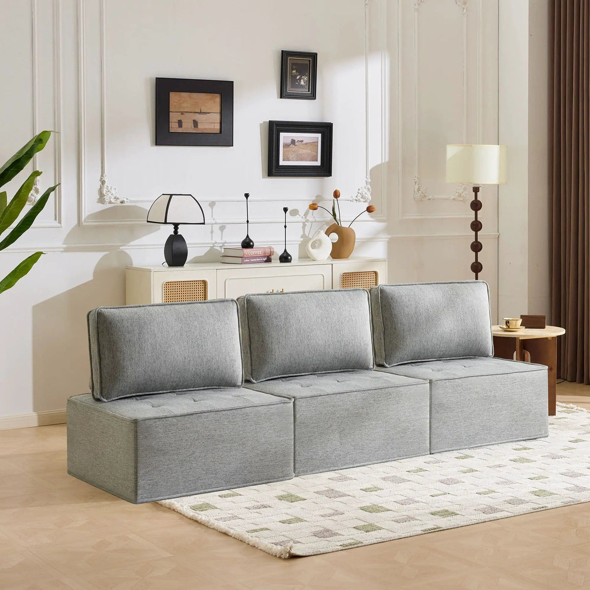 Sofa With Modular Splicing Design Armless Chair | 2 Pieces | Solid Wood & Linen | Living Room