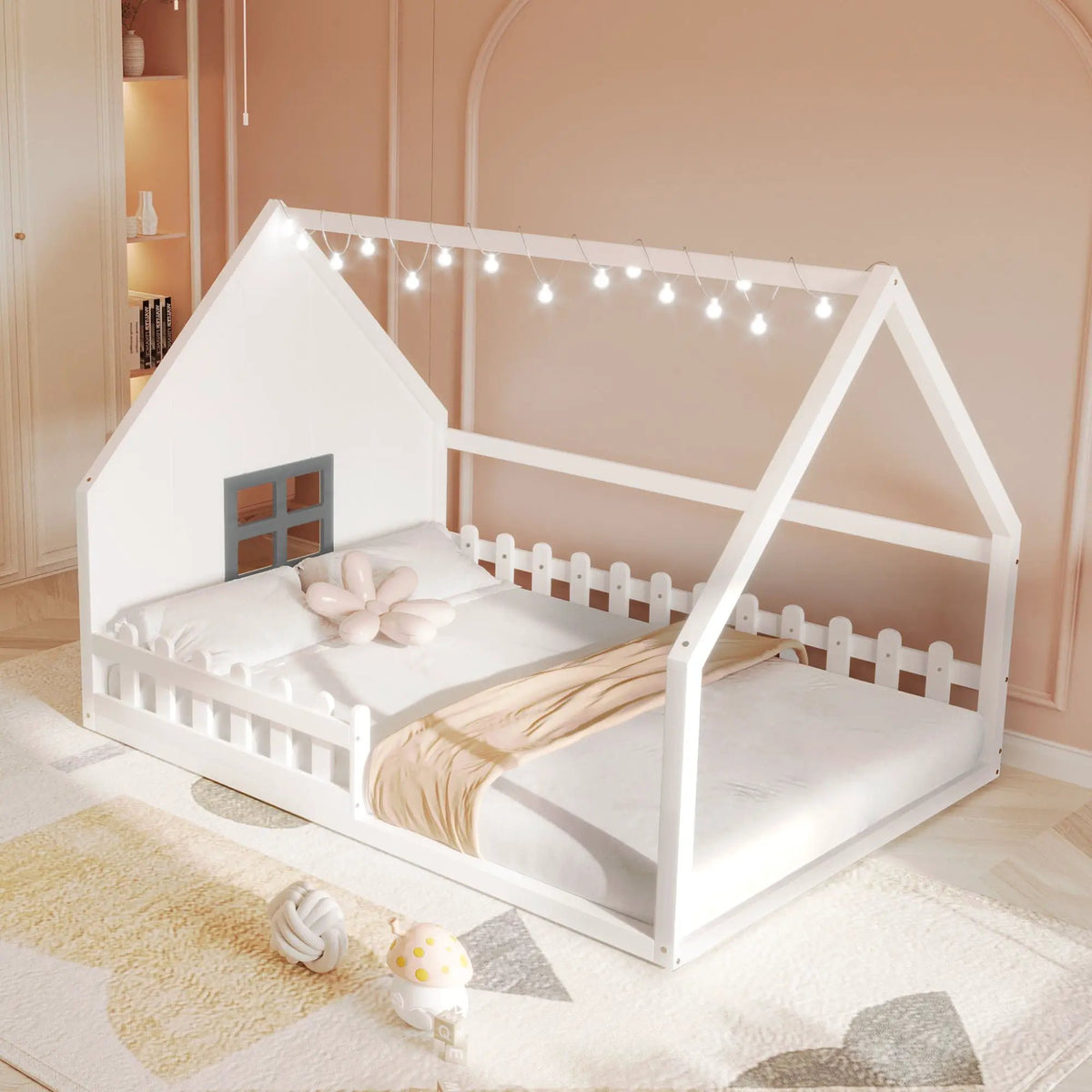 Platform House Bed | Window And Fence Design | Solid Pine Wood | Built-In LED Light