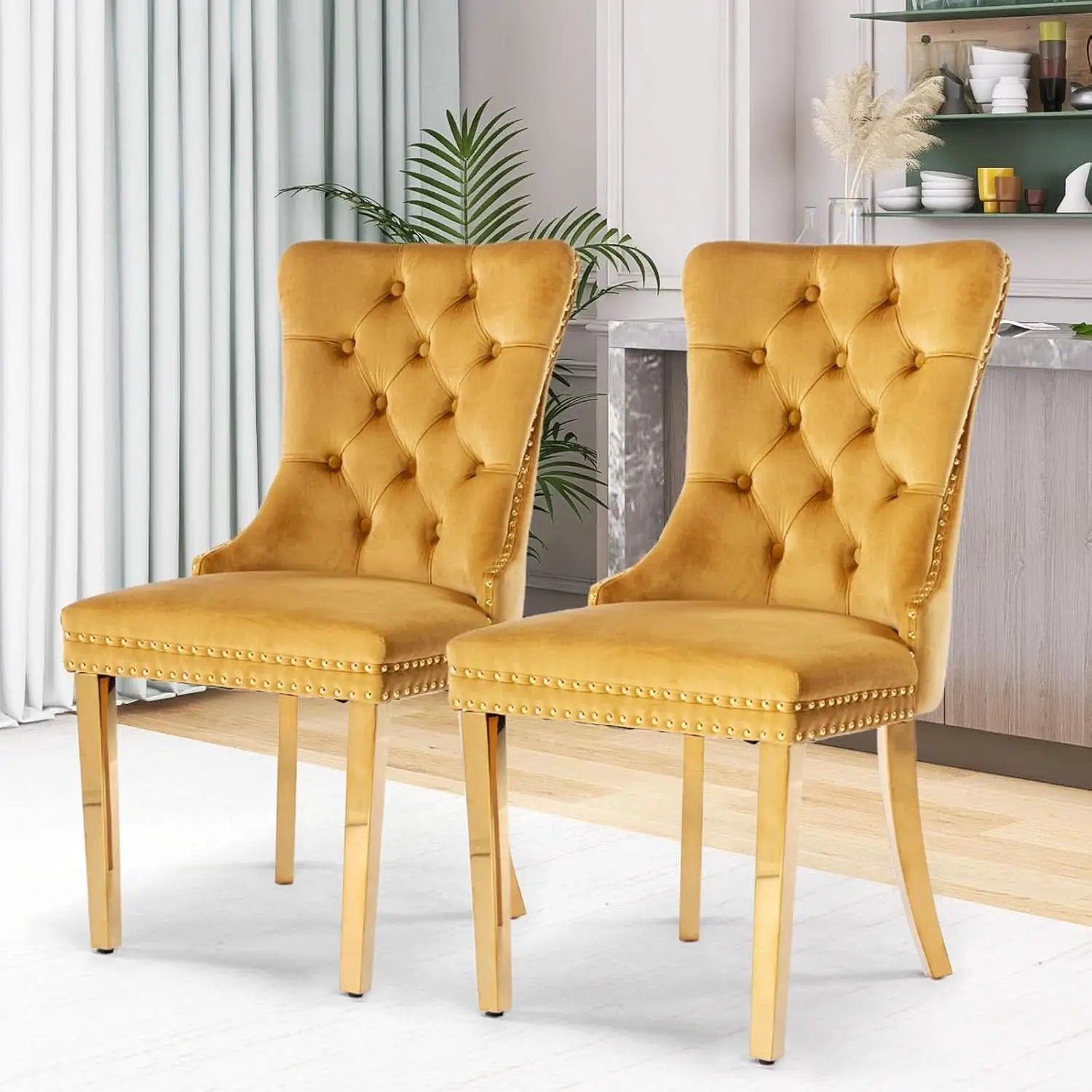 Velvet Tufted Dining Chair Set Of 2 With Nailhead Trim from PriceLows™