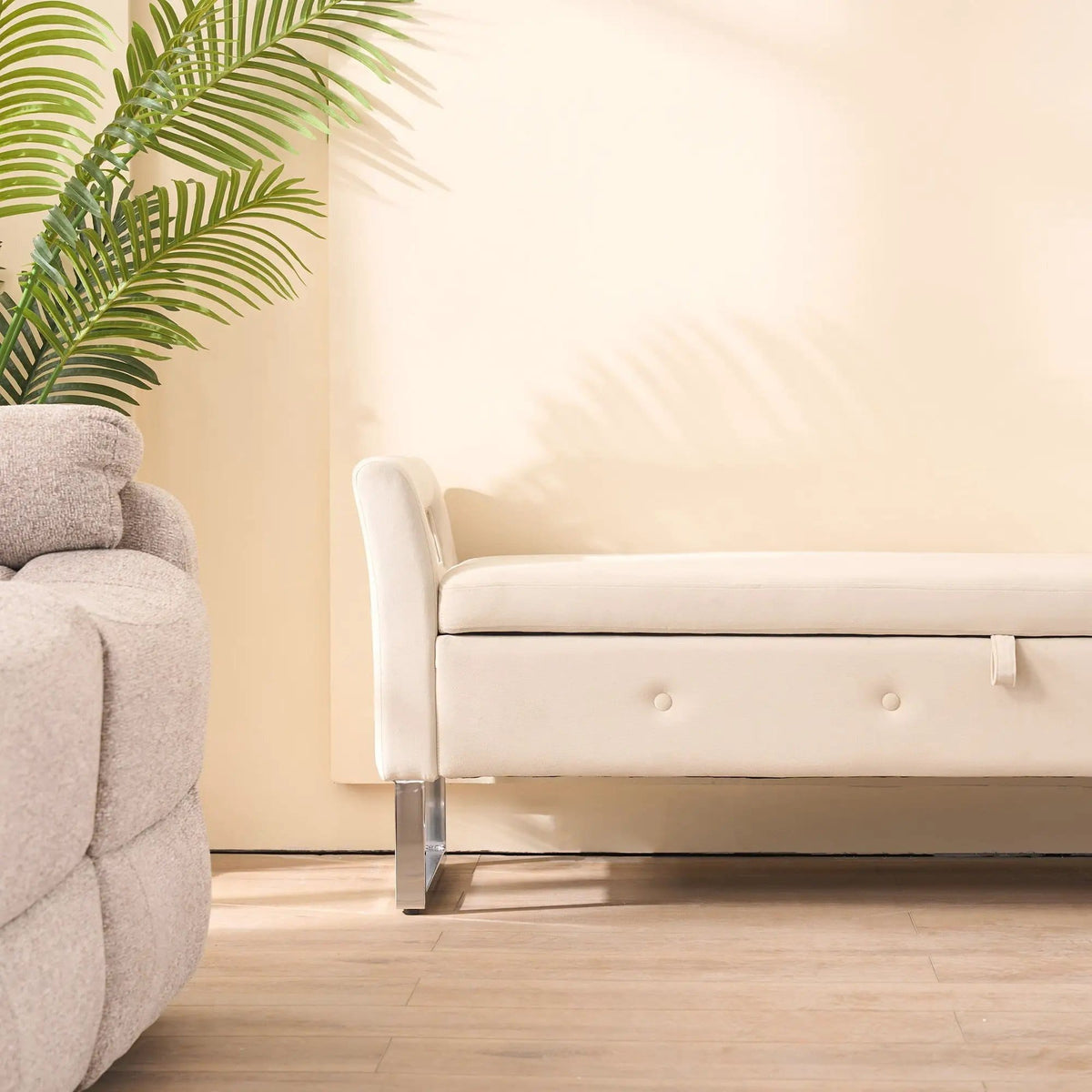 Wide Storage Soft Ottoman Bench With Armrests | Bench Ottoman | Solid Wood & Metal | Living Room