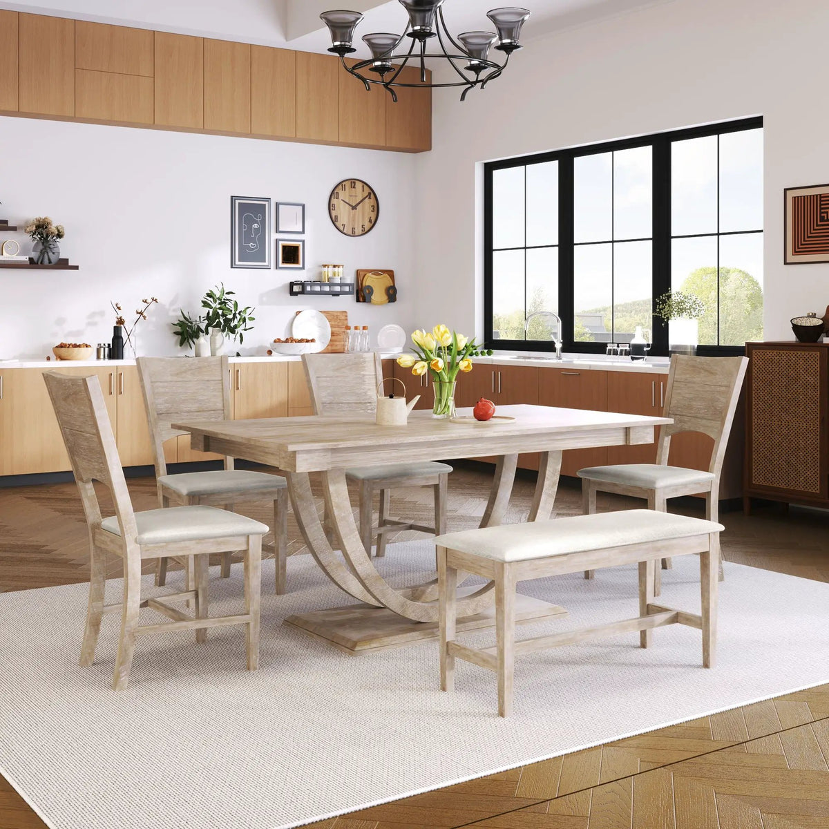 Dining Table Set | 6 Piece Solid Wood | Half Round Legs | 59 Inch