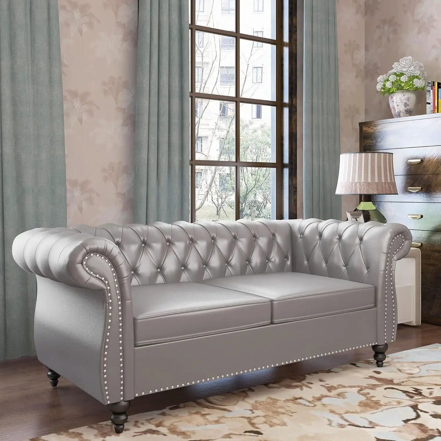 Grey Chesterfield Leather Living Room Set With Scroll Arms from PriceLows™