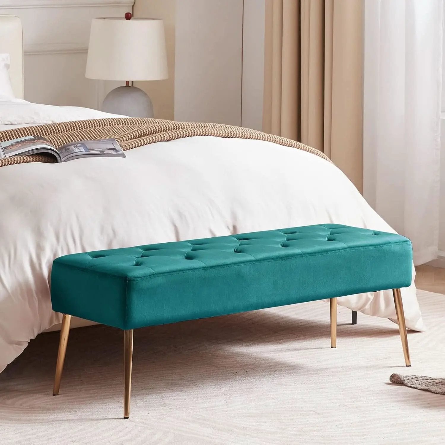 Velvet Upholstered Button Tufted Ottoman Gold Base from PriceLows™
