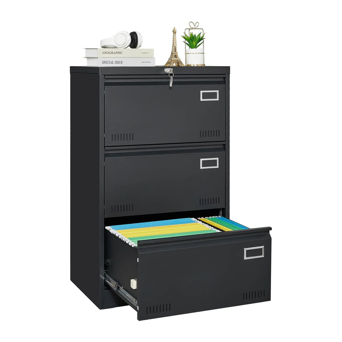 Lateral File Cabinet | 3 Drawer Locking Metal | Widened Drawers | 40 Inch Height