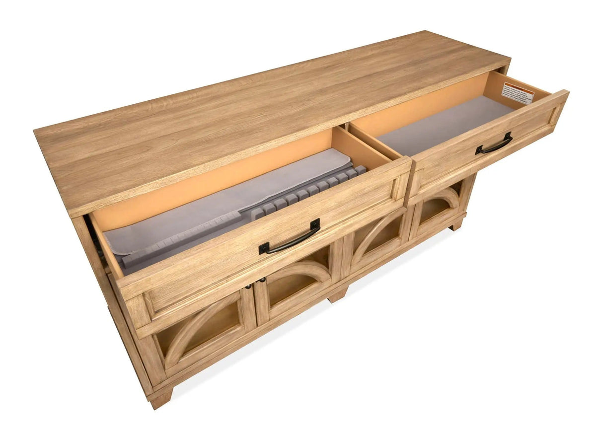 Coventry Buffet | 18 x 66 x 36 in | Oak Veneer & Tempered Glass | Honey Maple