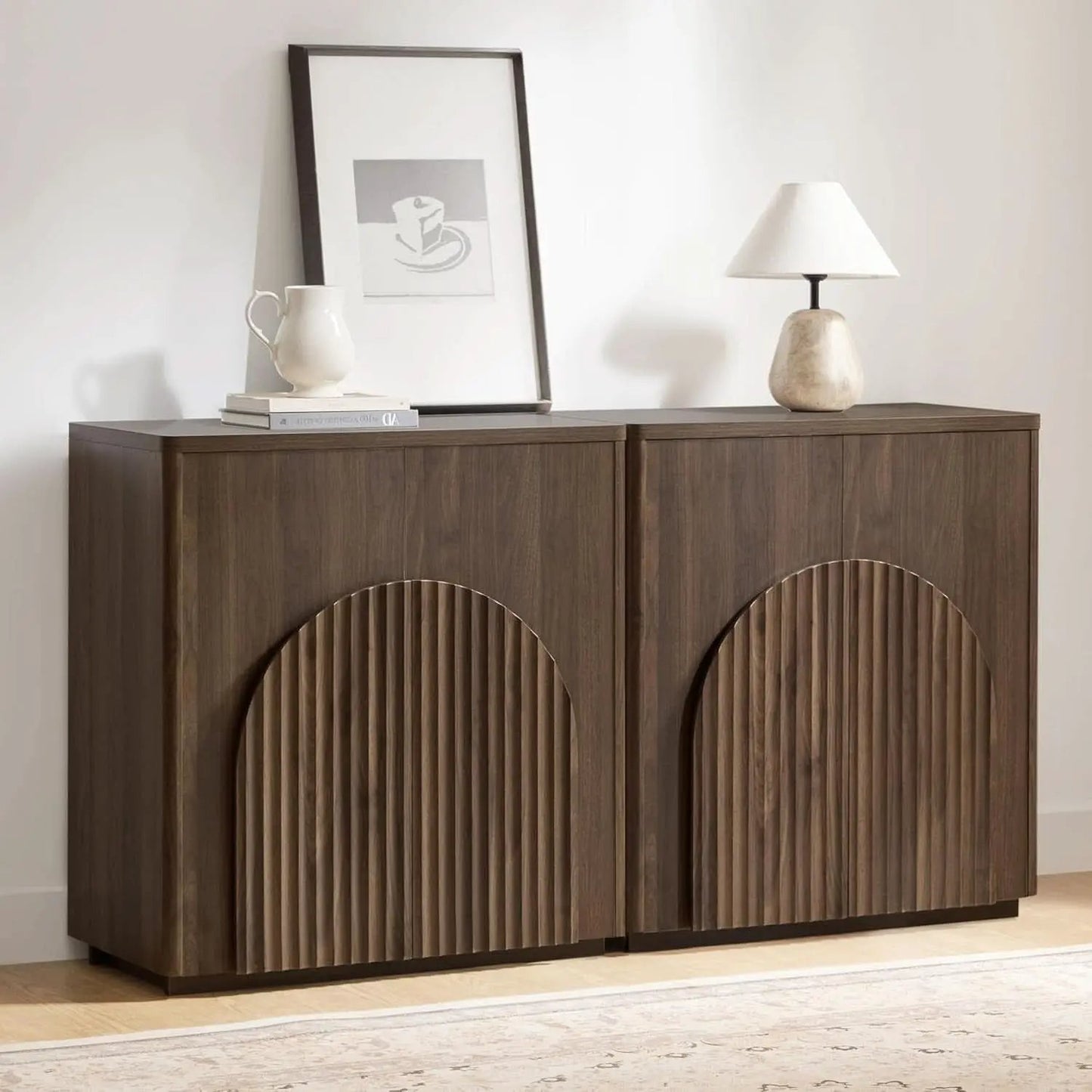 Walnut Sideboard Buffet Cabinet With Generous Storage And Wave Pattern Doors