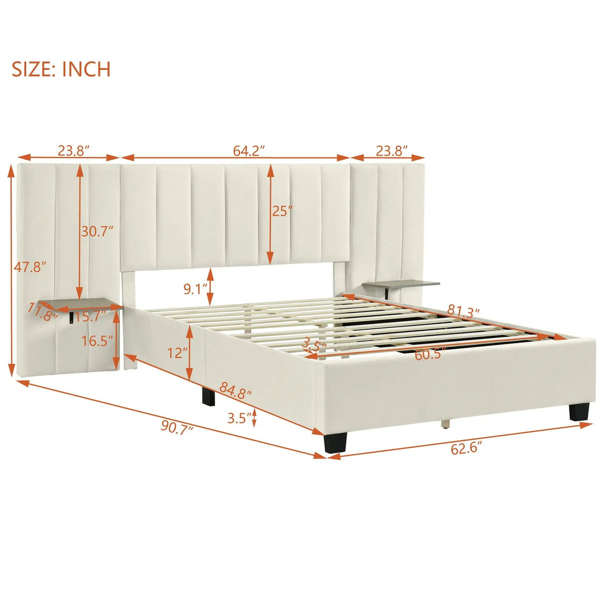 Upholstered Platform Bed | Oversized Ultra-Soft Headboard | Integrated Side Shelves | 111.8 Inch Length
