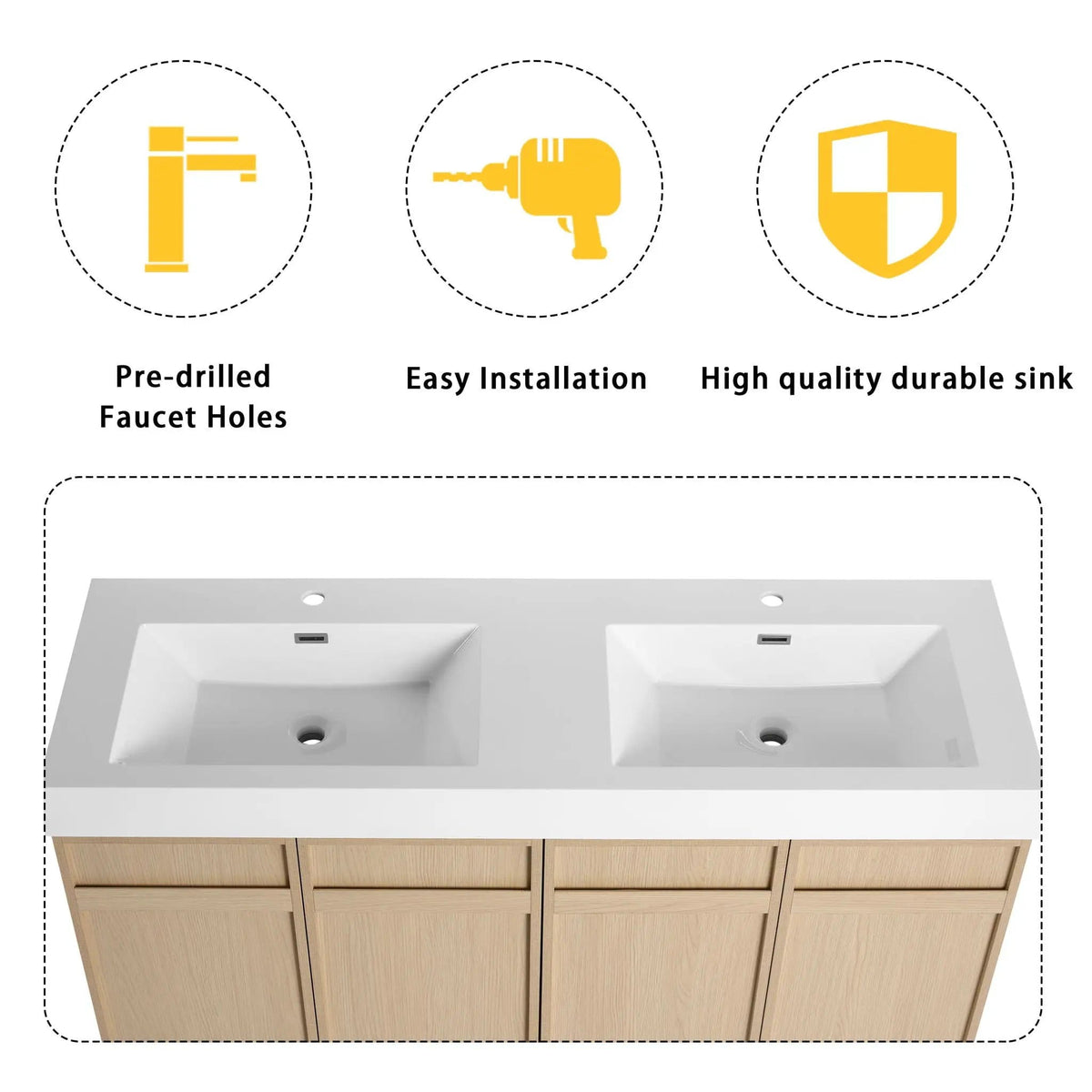 Freestanding Bathroom Vanity With Resin Sink & Soft Close Cabinet Doors | 3 Pieces | Stainless Steel & Plywood | Bathroom