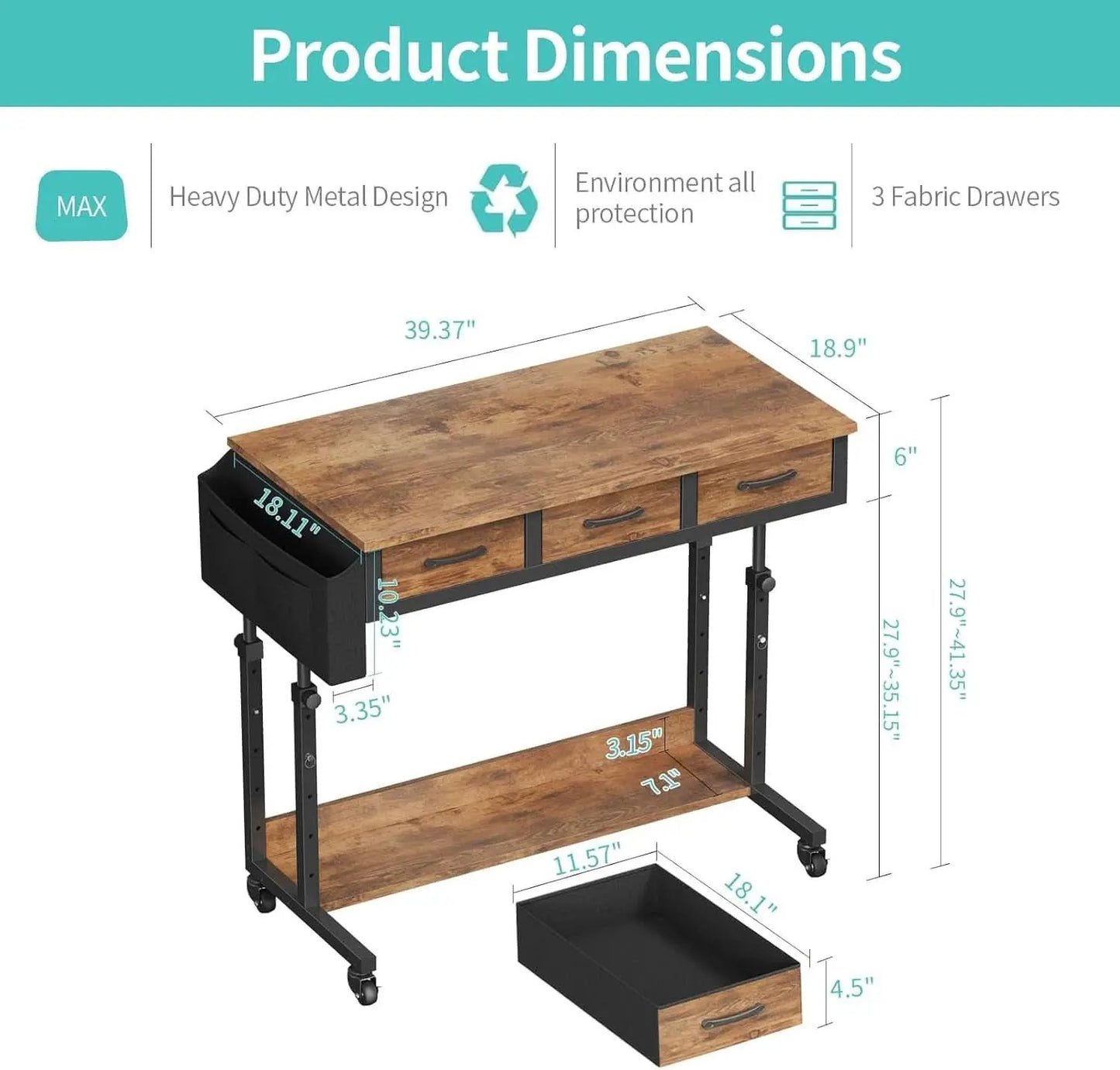 Rolling Height Adjustable Computer Desk With Drawers from PriceLows™