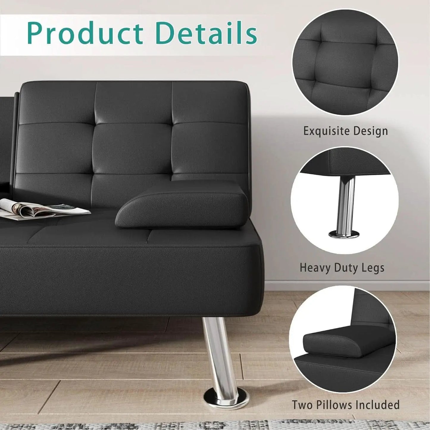 Futon Sofa Bed Black PU Leather With Cupholders Modern from PriceLows™