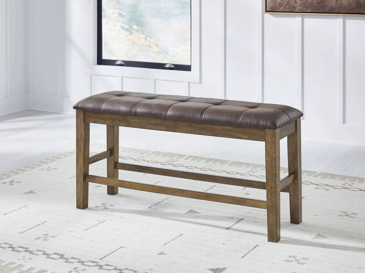 Urbinforte Double Counter Height Upholstered Bench | 49.5 x 15.75 x 25.38 in | Solid Wood & Faux Leather | Light Brown