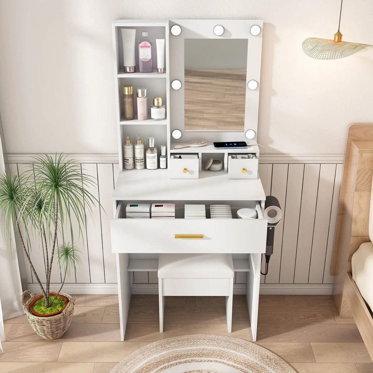 Vanity Table | LED Mirror | Power Outlet | Includes Stool